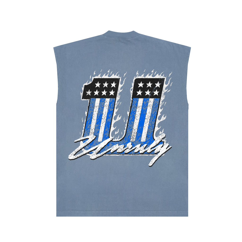 "FLAMES" MUSCLE TEE (BLUE DENIM)